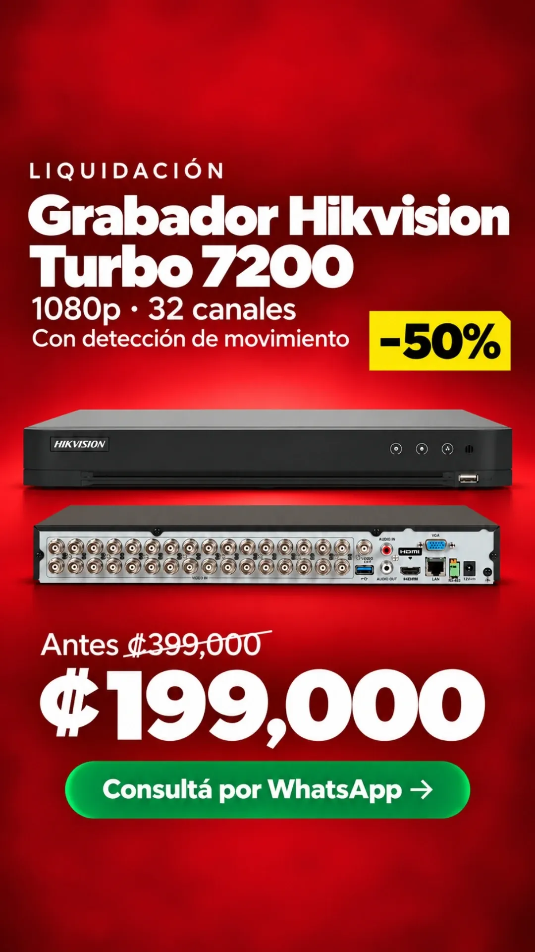 Grabador Hikvision Turbo 7200 1080p 32 canales ₡199,000