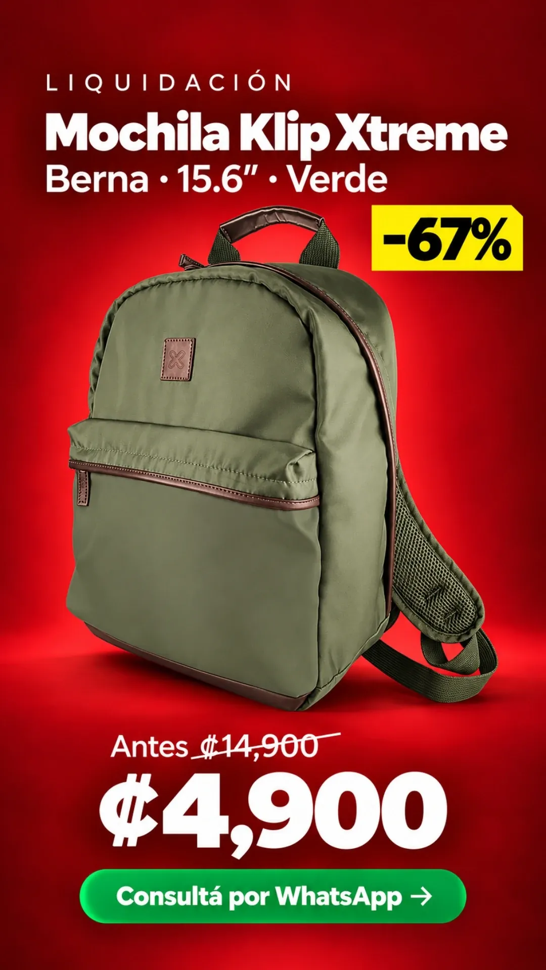 Mochila Klip Xtreme Berna 15.6" Verde ₡4,900