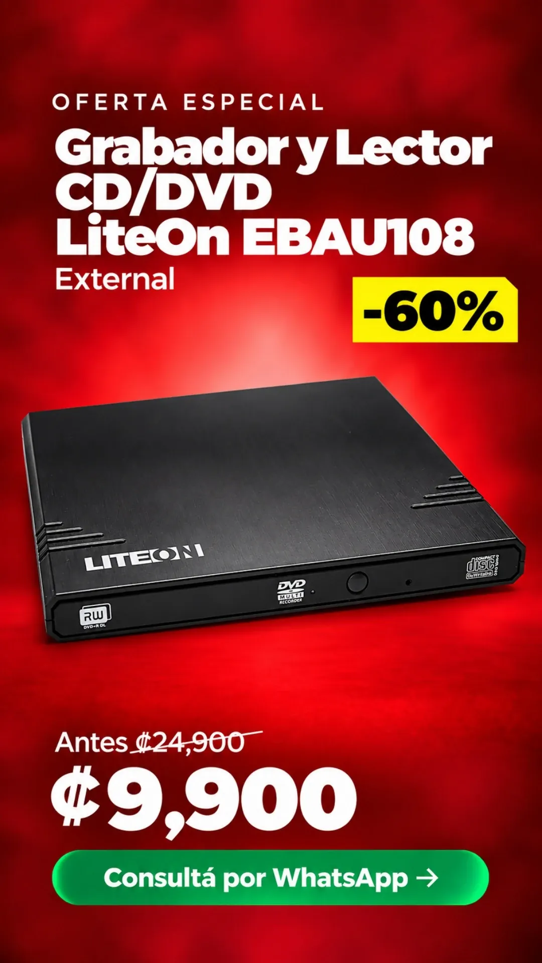 Grabador y Lector CD/DVD LiteOn EBAU108 Externo ₡9,900