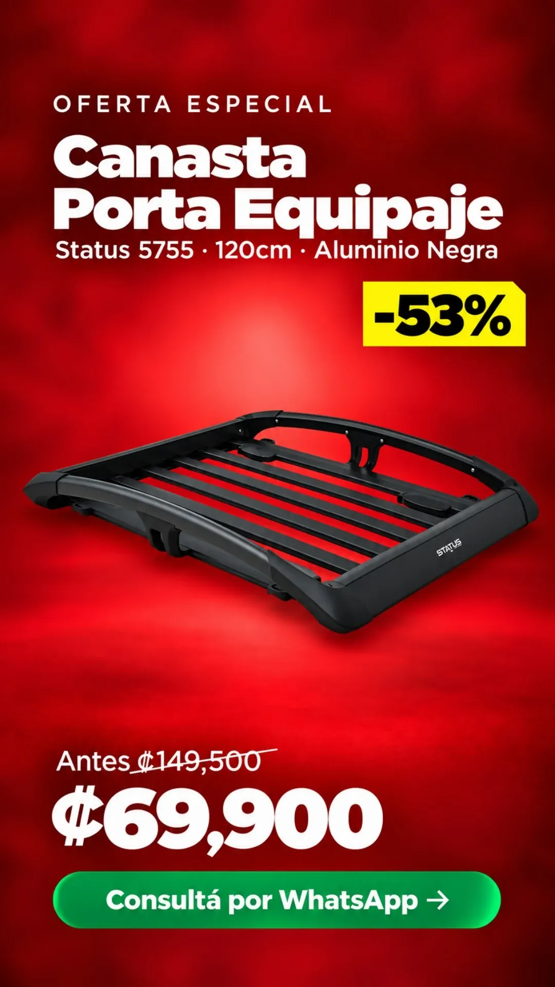 Canasta Porta Equipaje Status 5755 120cm Aluminio Negra ₡69,900