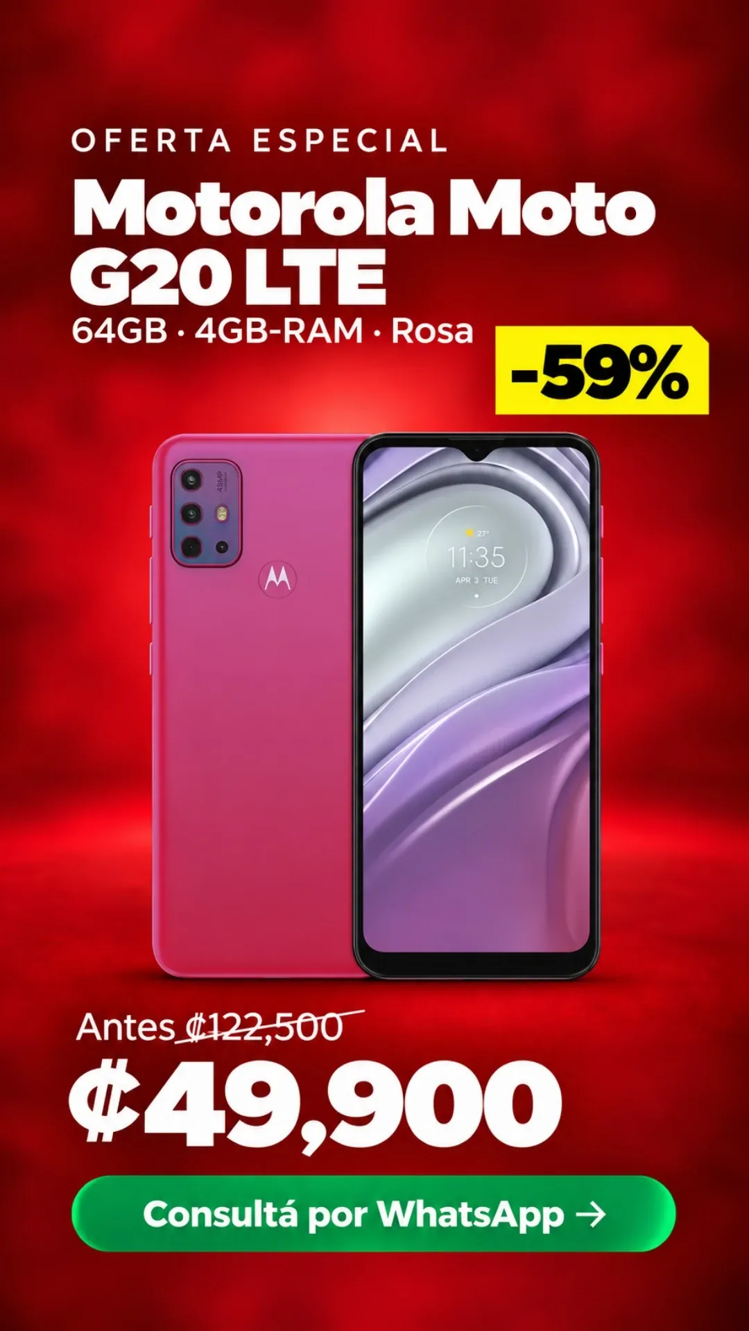 Celular Motorola Moto G20 LTE 64GB 4GB RAM Rosa ₡49,900
