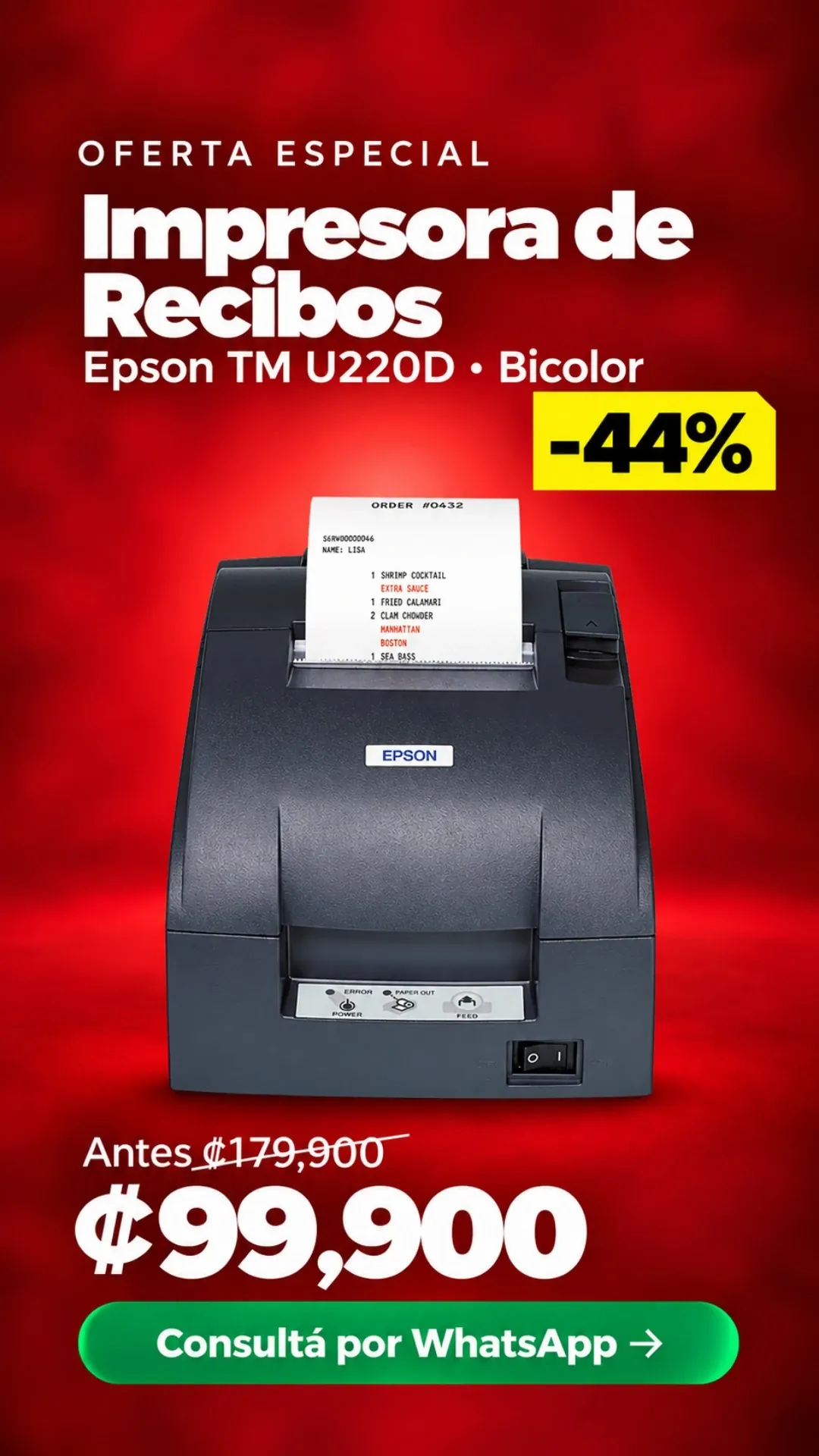 Impresora de Recibos Epson TM U220D Bicolor ₡99,900