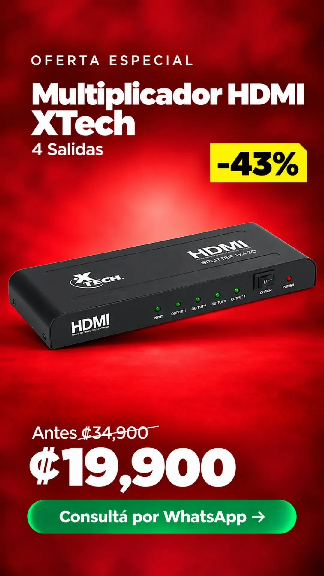 Multiplicador HDMI XTech 4 Salidas ₡19,900