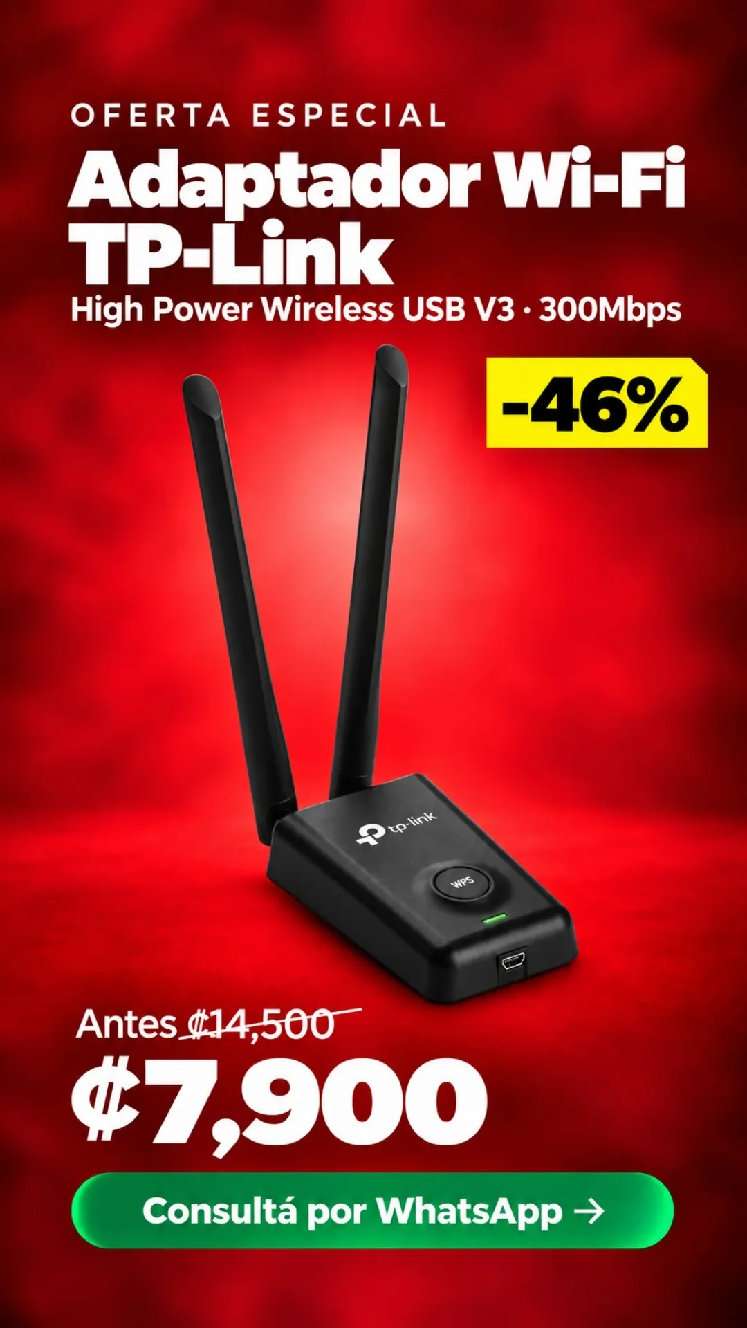 Adaptador Wi-Fi TP-Link High Power USB 300Mbps ₡7,900