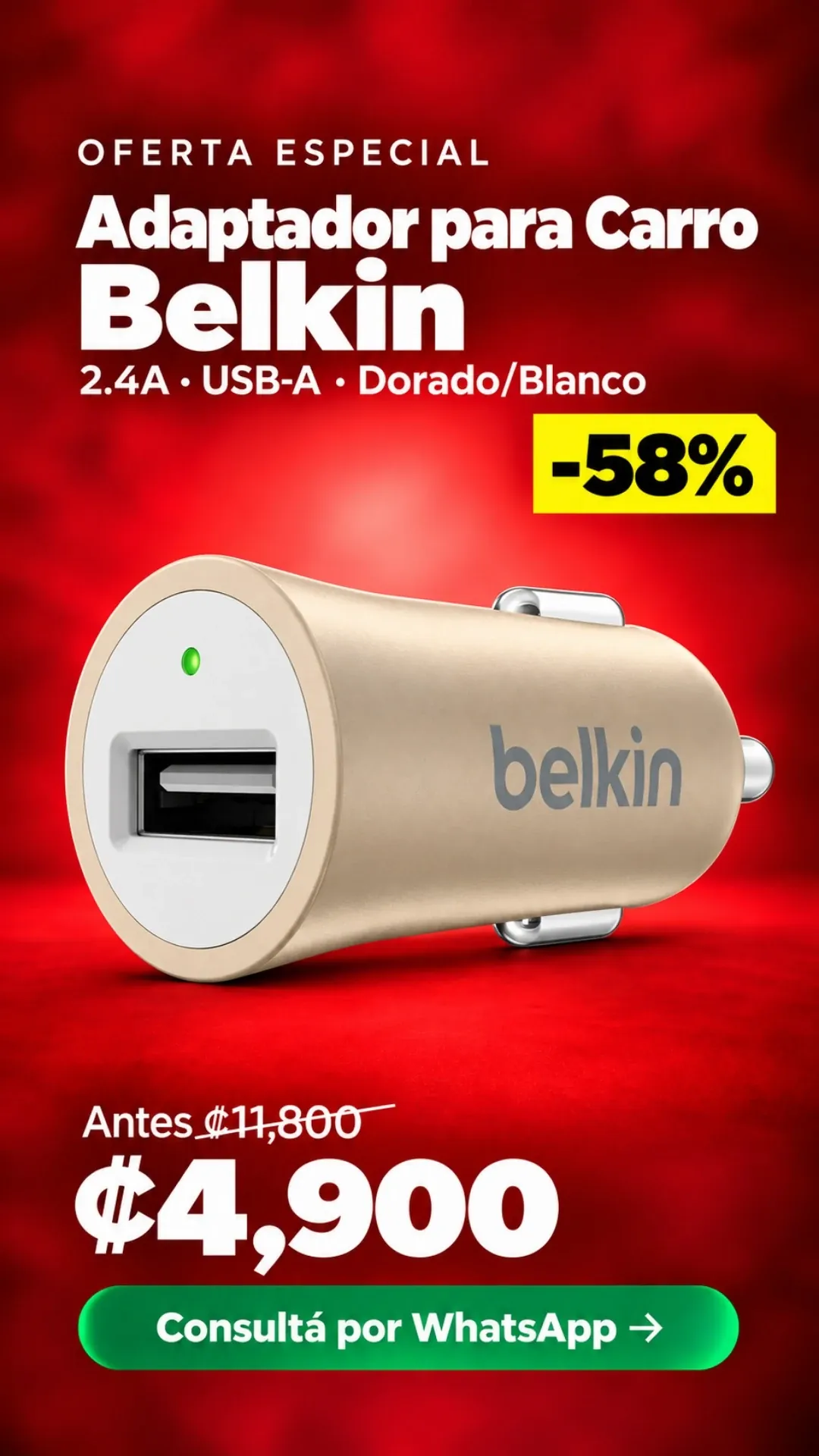 Adaptador para Carro Belkin 2.4A USB-A Dorado/Blanco ₡4,900