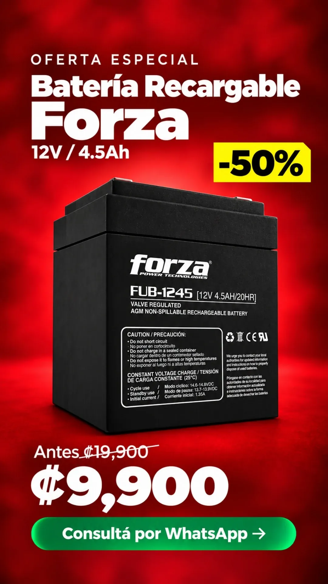 Batería Recargable Forza 12V 4.5Ah ₡9,900