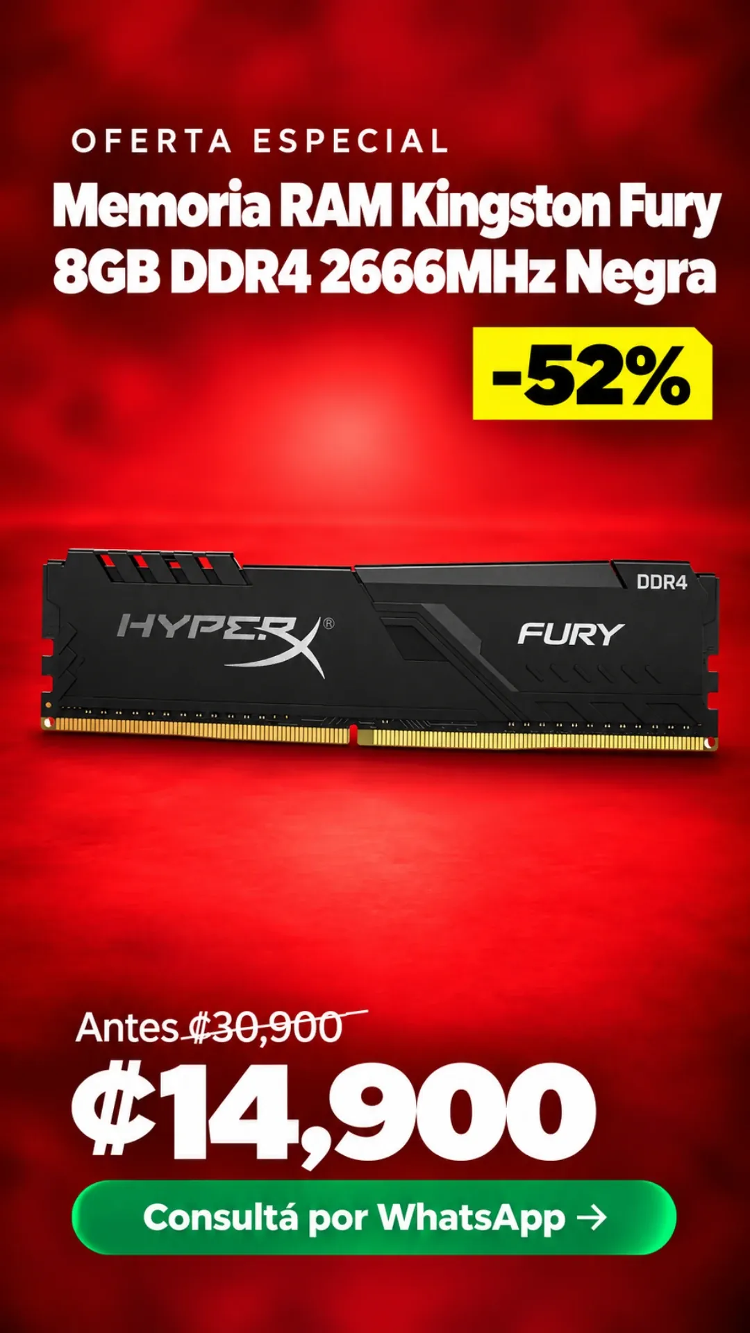 Memoria RAM Kingston Fury 8GB DDR4 2666MHz Negra ₡14,900