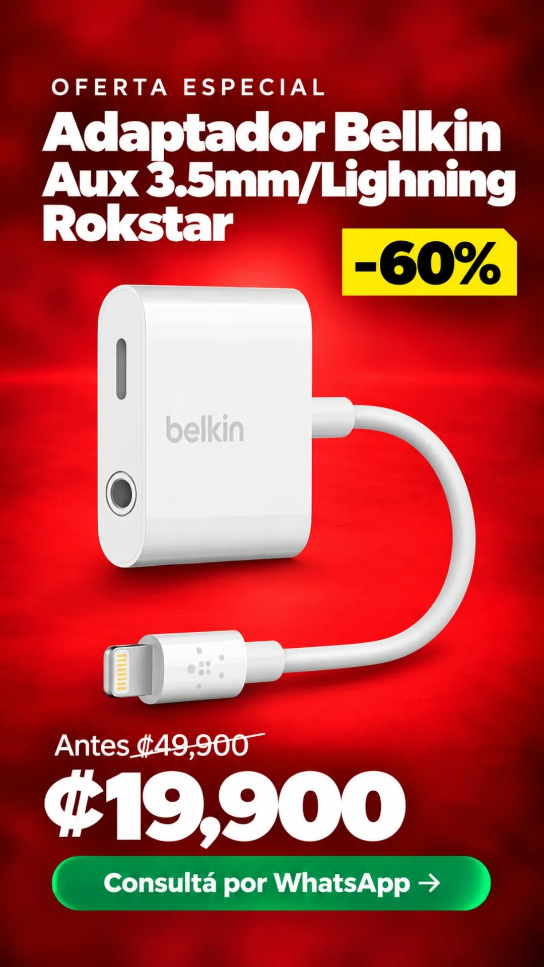 Adaptador Belkin Aux 3.5mm/Lightning Rokstar ₡19,900