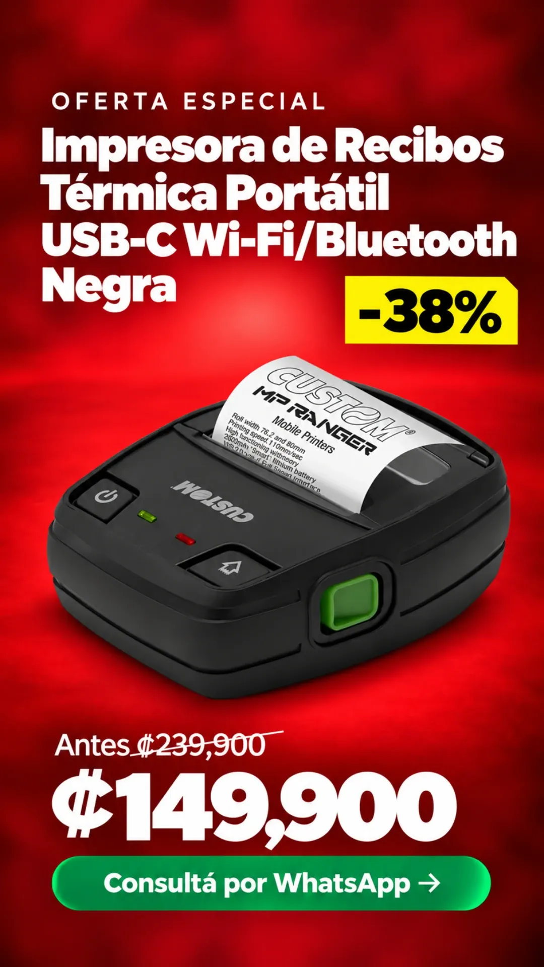 Impresora de Recibos Térmica Portátil USB-C Wi-Fi/Bluetooth Negra ₡149,900
